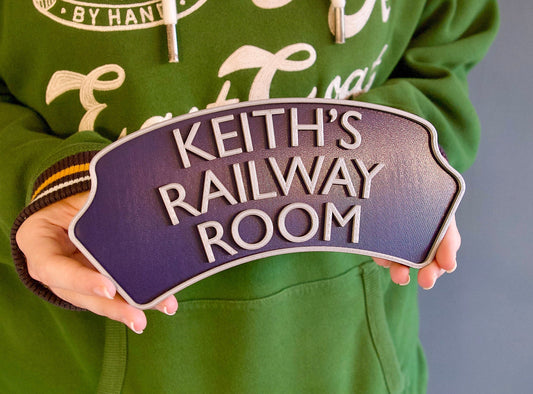 Personalised 3d printed Train headboard door plaque sign – add three lines of text, choose your colours, a must for any train enthusiast