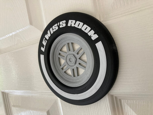 Personalised Formula Motor Racing Car wheel and tyre door plaque sign – now available in 3 sizes!