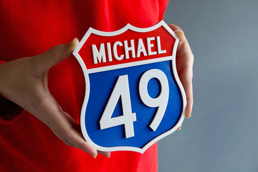 Personalised Route 66 style sign – 3D printed retro interstate sale sign – classic mid-century American cool, add a name and number