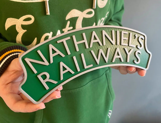Personalised 3d printed Train headboard door plaque sign – add two lines of text, choose your colours, a must for any train enthusiast
