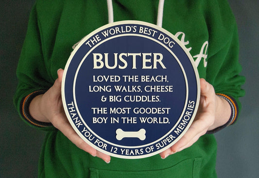 Personalised Dog commemorative Blue Plaque – Add a name, add your text, totally bespoke 3D printed – remember a dog