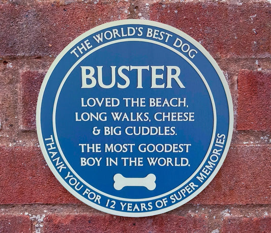 Personalised Dog commemorative Blue Plaque – Add a name, add your text, totally bespoke 3D printed – remember a dog