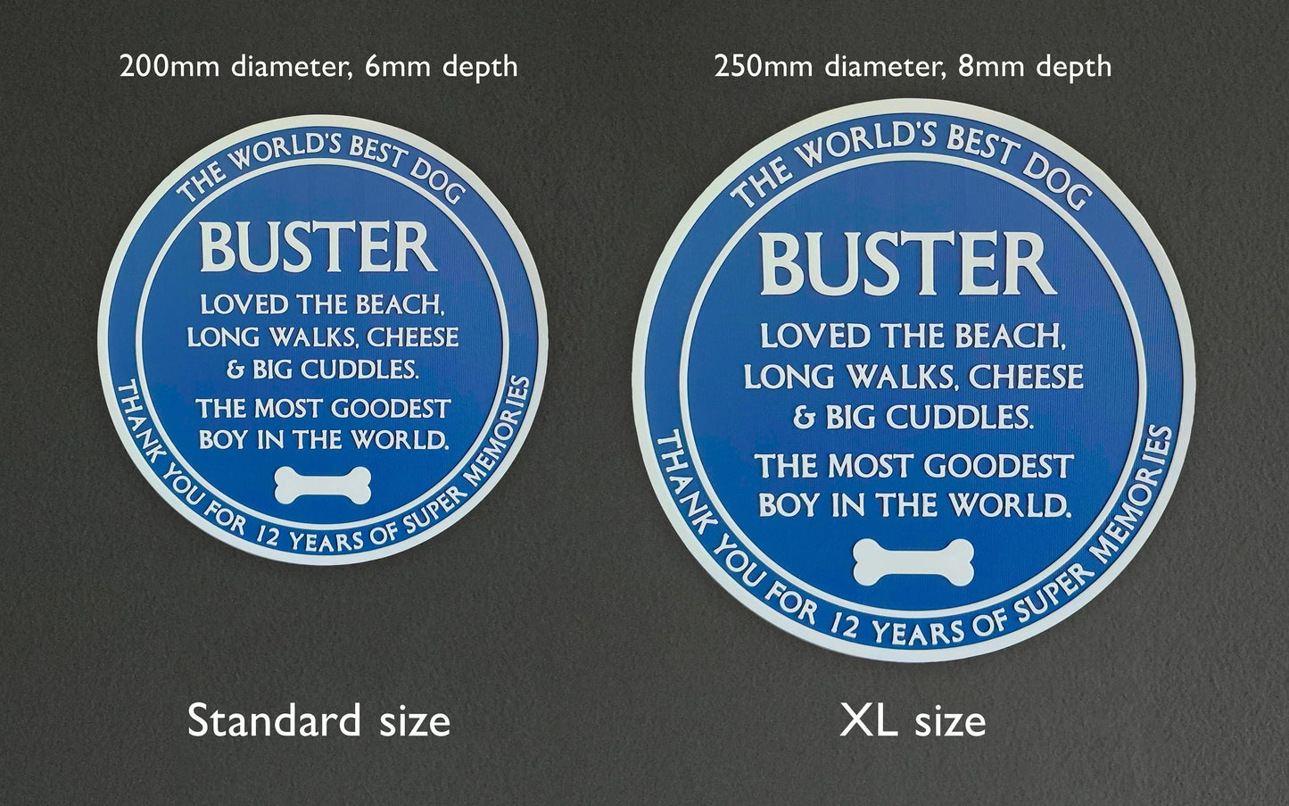 Personalised Dog commemorative Blue Plaque – Add a name, add your text, totally bespoke 3D printed – remember a dog