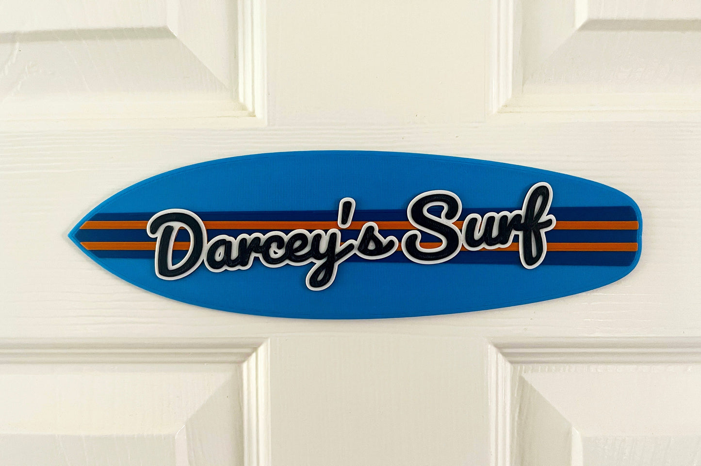 Personalised Surf Board door plaque sign – add you name, choose your colours, gift for surfer, dude or dudette
