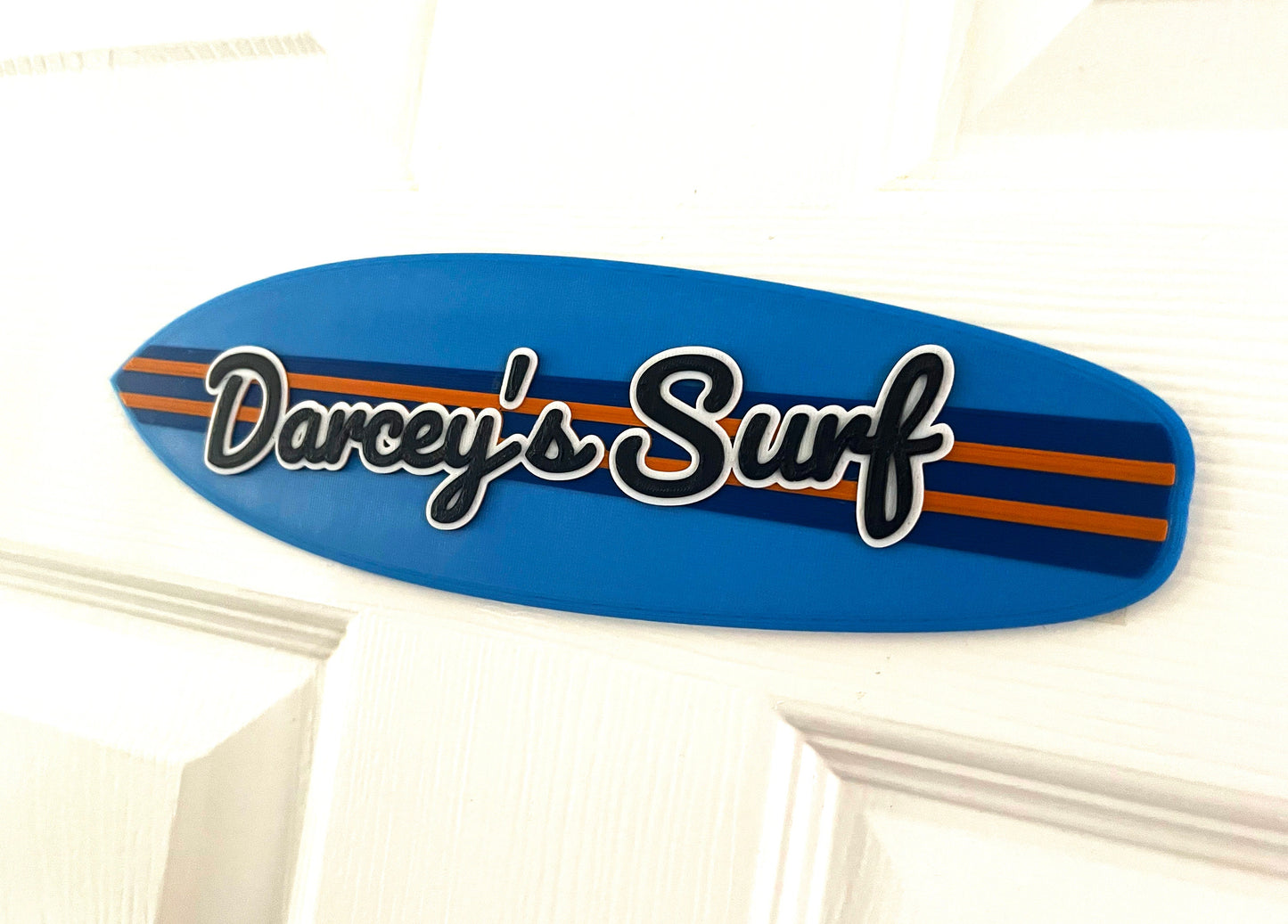 Personalised Surf Board door plaque sign – add you name, choose your colours, gift for surfer, dude or dudette