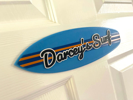 Personalised Surf Board door plaque sign – add you name, choose your colours, gift for surfer, dude or dudette