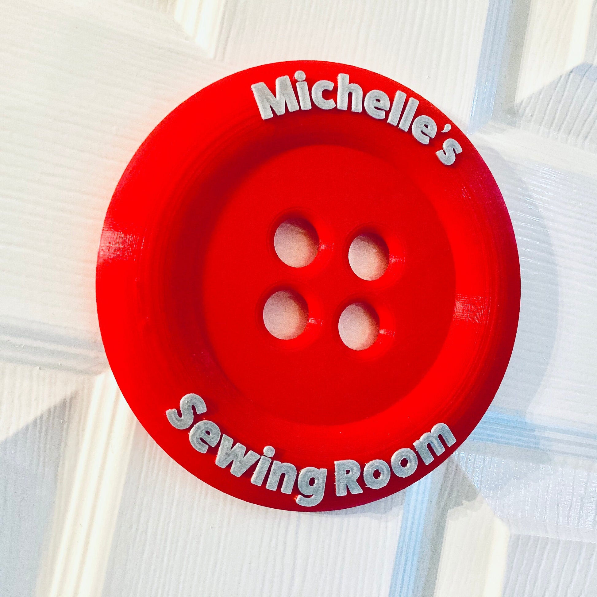 Personalised Sewing room button style Door Plaque – Button for crafters and sewing lovers – 3D printed bright and bold