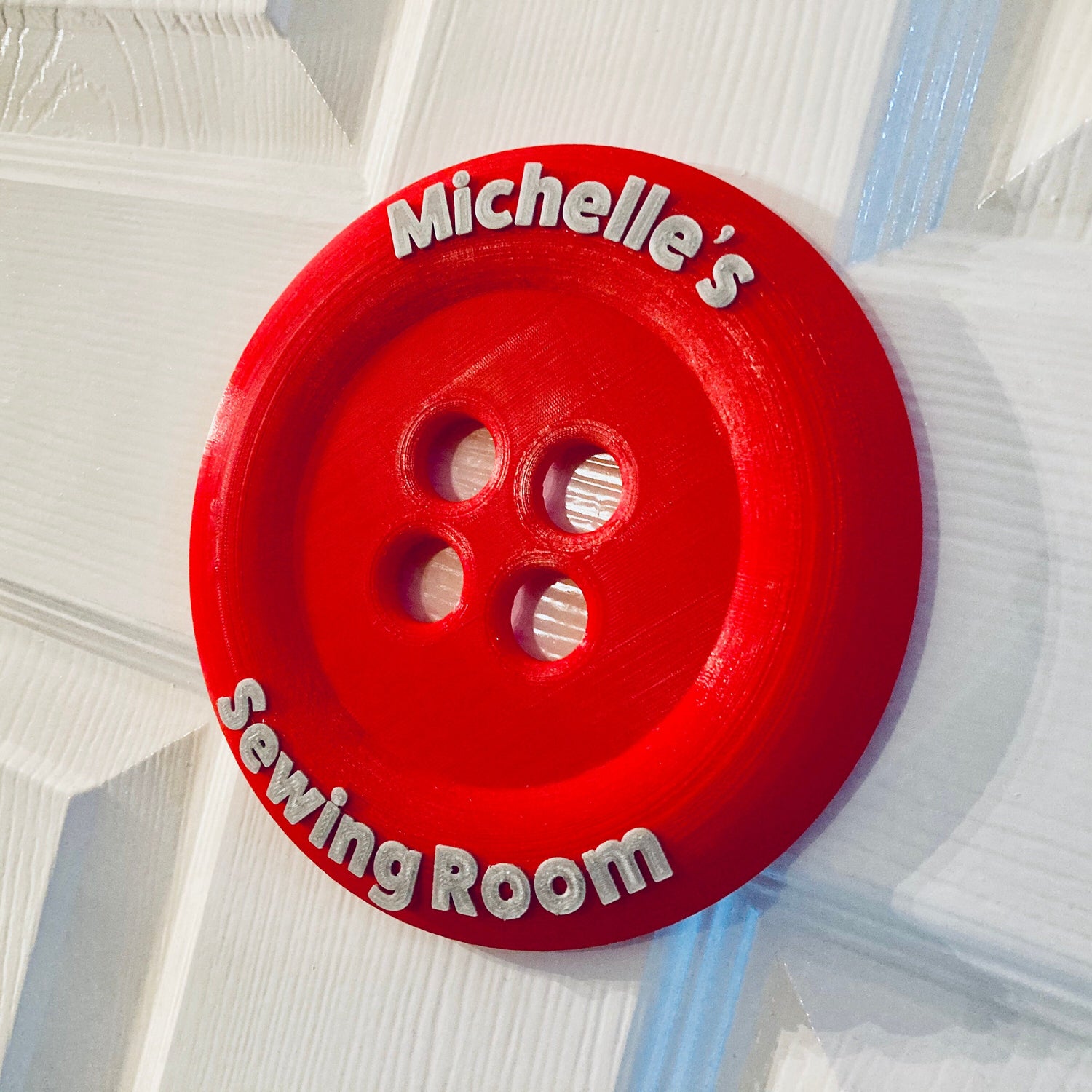 Personalised Sewing room button style Door Plaque – Button for crafters and sewing lovers – 3D printed bright and bold