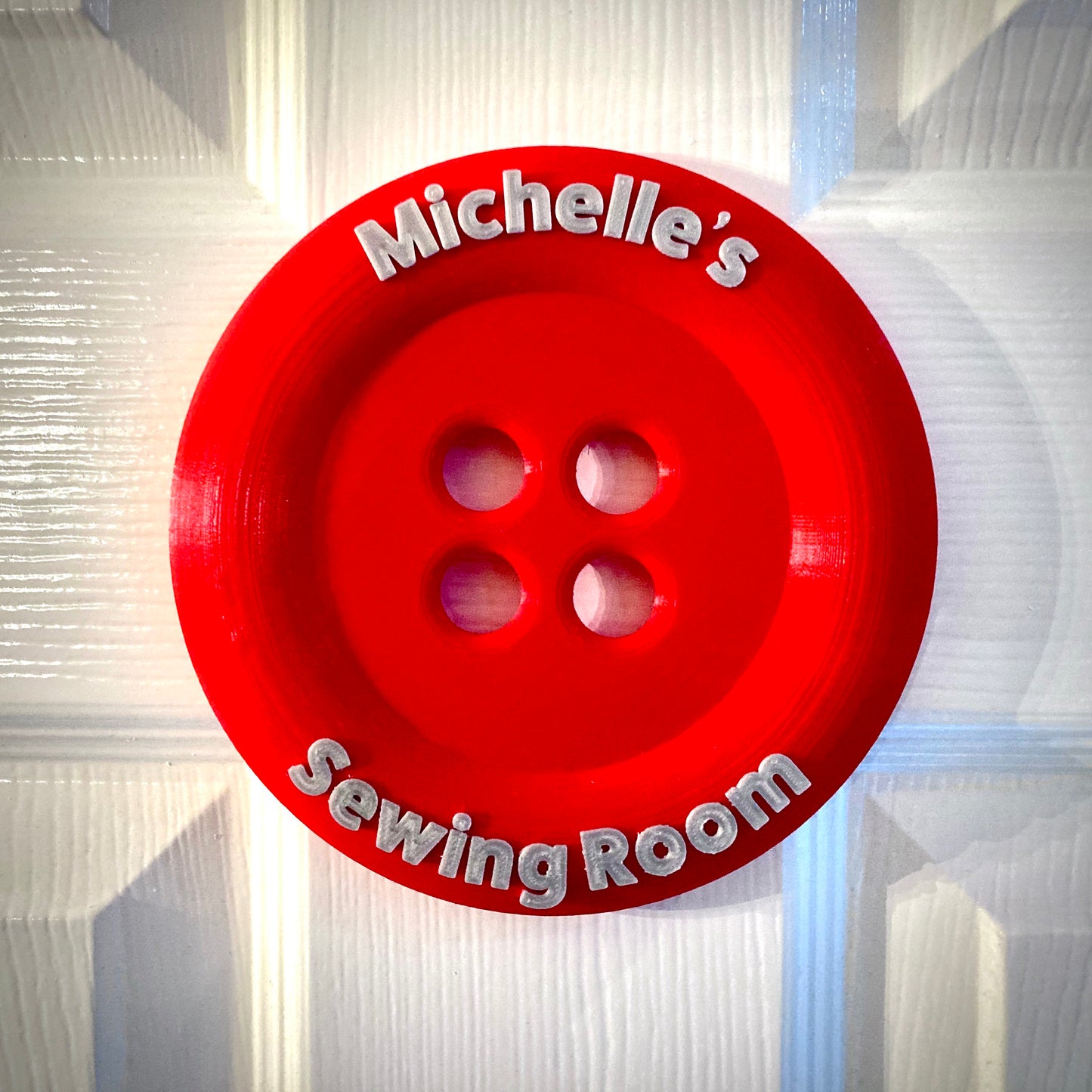 Personalised Sewing room button style Door Plaque – Button for crafters and sewing lovers – 3D printed bright and bold