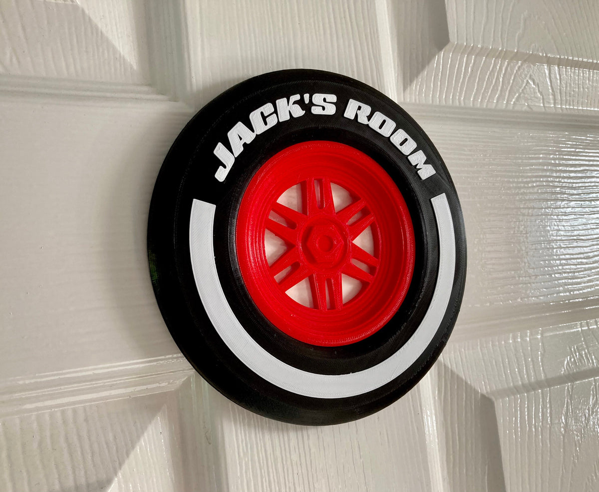 Personalised Formula Motor Racing Car wheel and tyre door plaque sign – now available in 3 sizes!