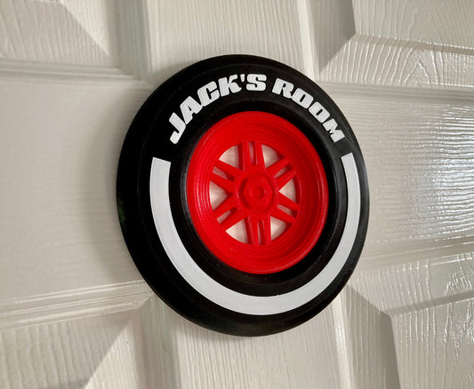 Personalised Formula Motor Racing Car wheel and tyre door plaque sign – now available in 3 sizes!
