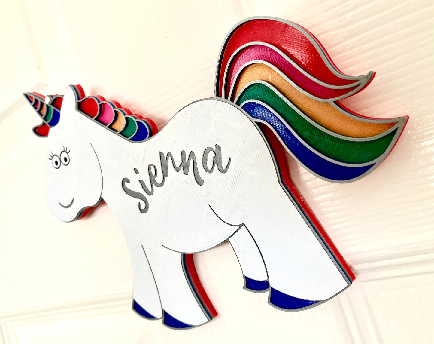 Personalised Rainbow Unicorn 3d printed door plaque - bright and bold door hanger
