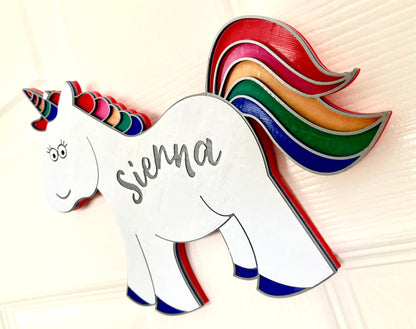 Personalised Rainbow Unicorn 3d printed door plaque - bright and bold door hanger
