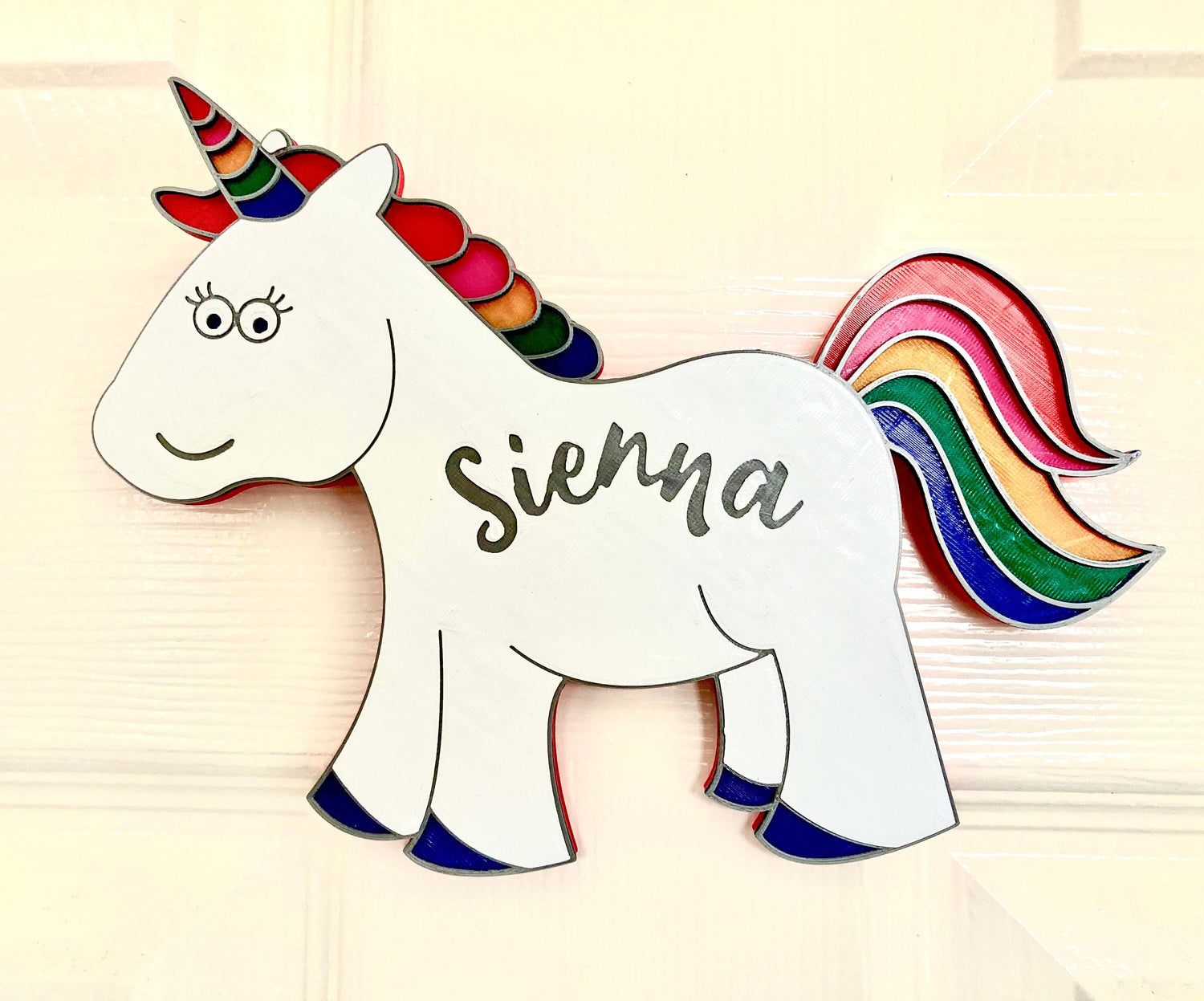 Personalised Rainbow Unicorn 3d printed door plaque - bright and bold door hanger