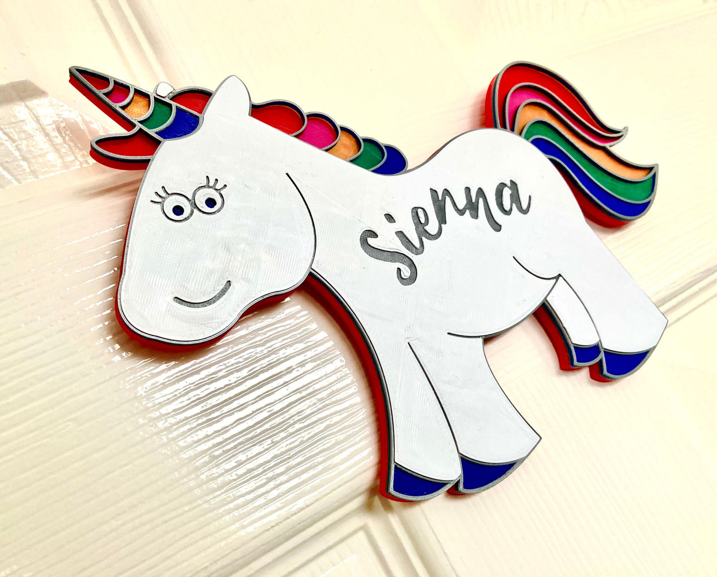 Personalised Rainbow Unicorn 3d printed door plaque - bright and bold door hanger