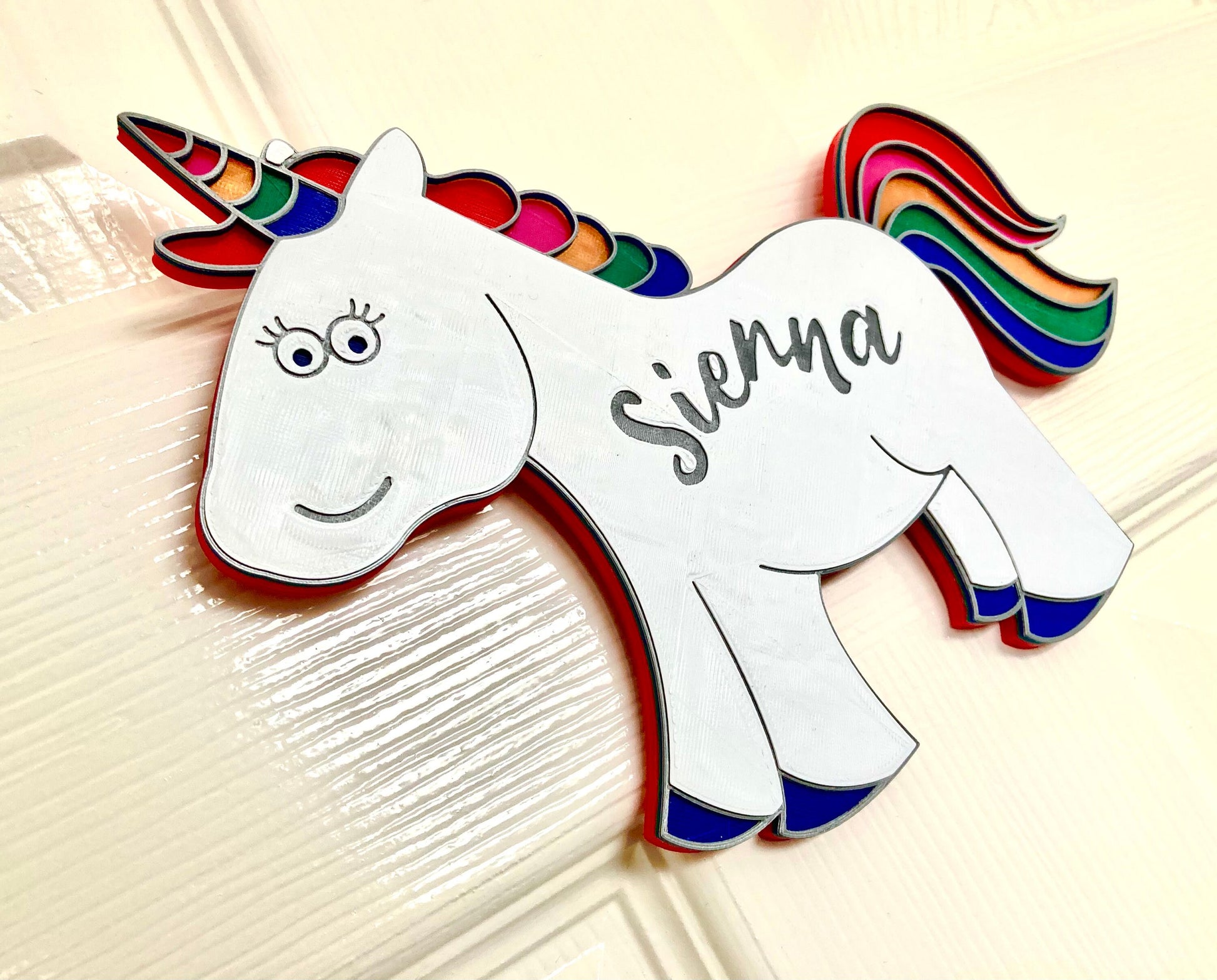 Personalised Rainbow Unicorn 3d printed door plaque - bright and bold door hanger