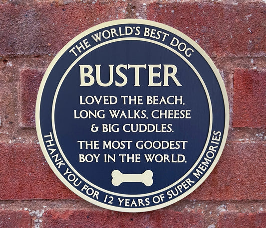 Personalised Dog commemorative Blue Plaque – Add a name, add your text, totally bespoke 3D printed – remember a dog