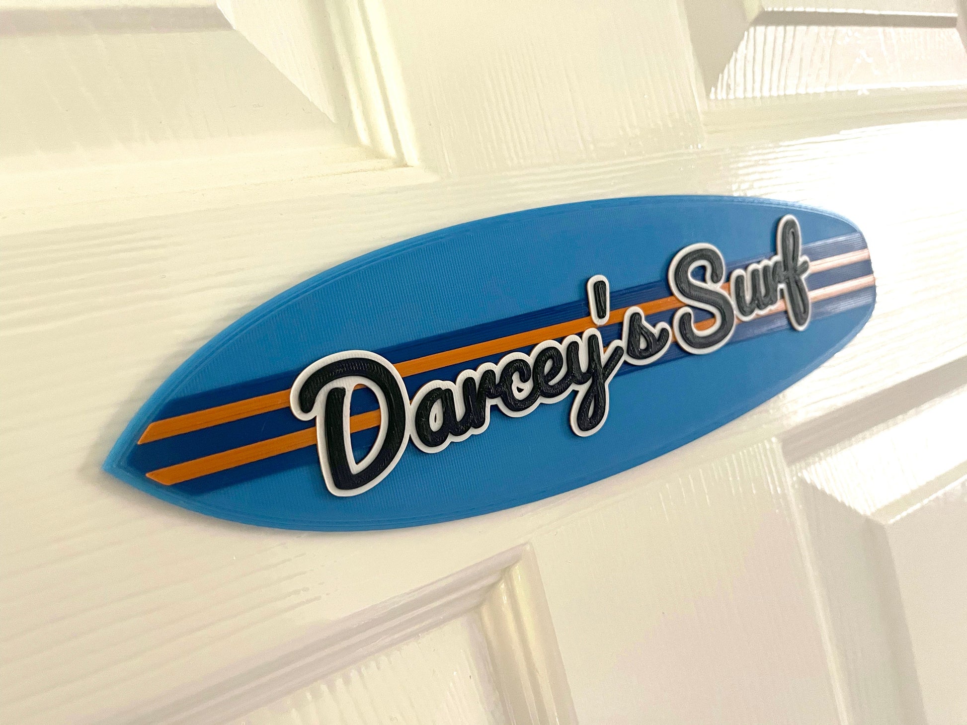 Personalised Surf Board door plaque sign – add you name, choose your colours, gift for surfer, dude or dudette